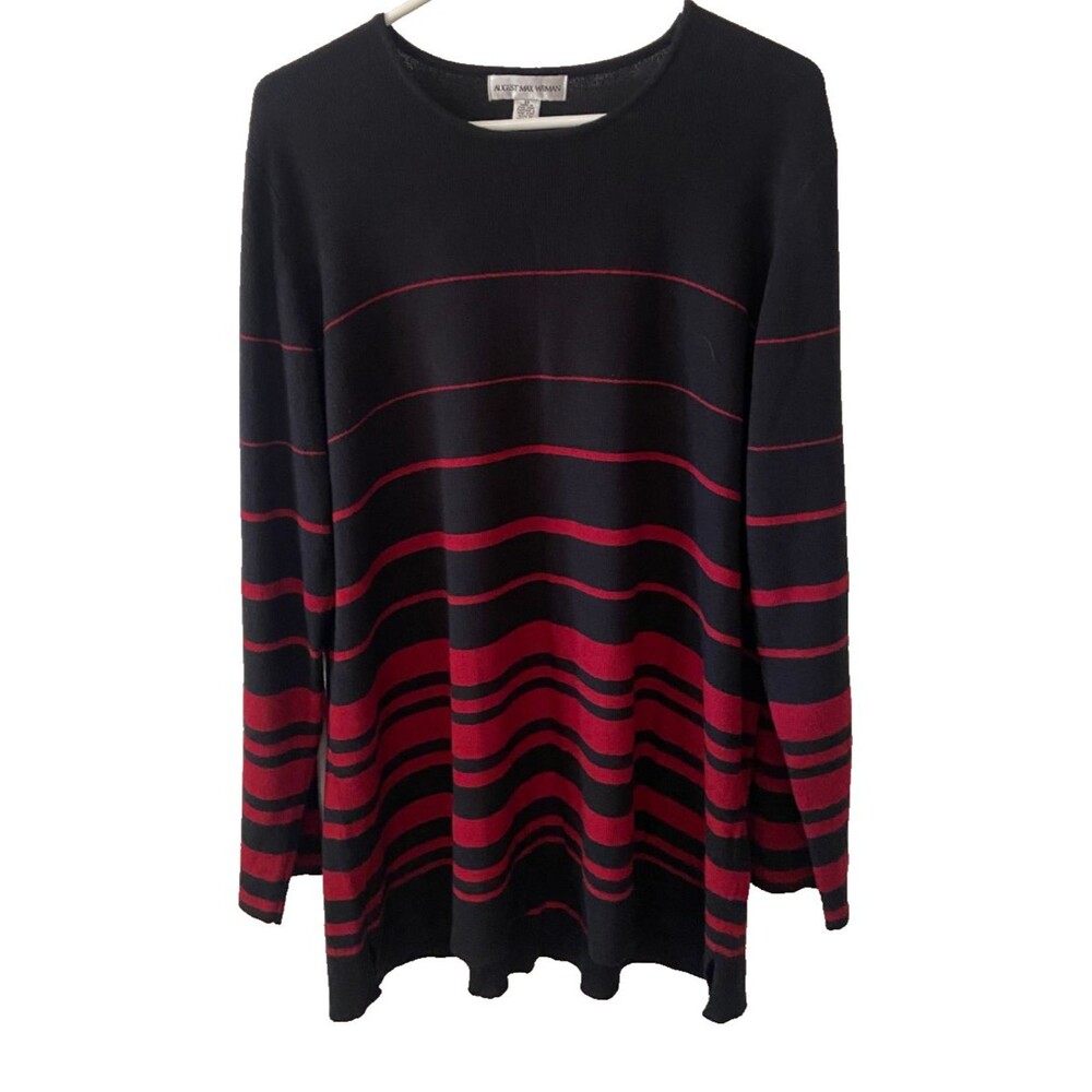 August Max Woman Pullover Sweater Plus 3X Black Red Striped Long Sleeved Round